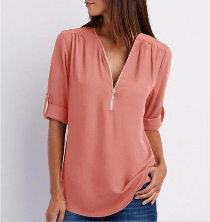 Damen Bluse – Lockerer Schnitt – Atmungsaktives Material – Half-Zip – 3/4 Ärmel