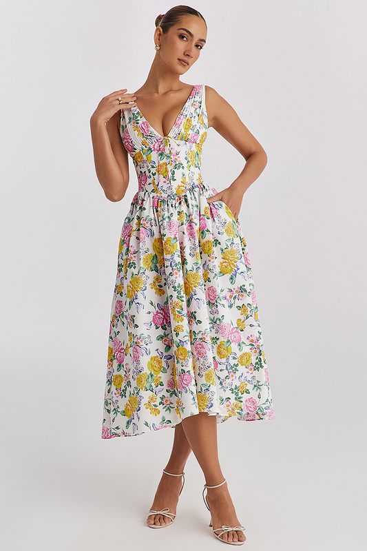 Damen Midikleid – Figurbetontes Oberteil – Ärmellos – Florales Muster – Weich fließend
