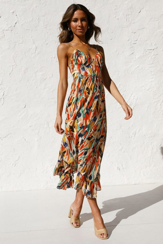 Damen Midikleid – Luftiges Design – Spaghettiträger – Rüschenabschluss – V-Ausschnitt