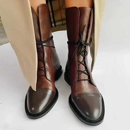 Damen Stiefel – Lederoptik – Schnürdesign – Schmale Passform – Wadenhoch