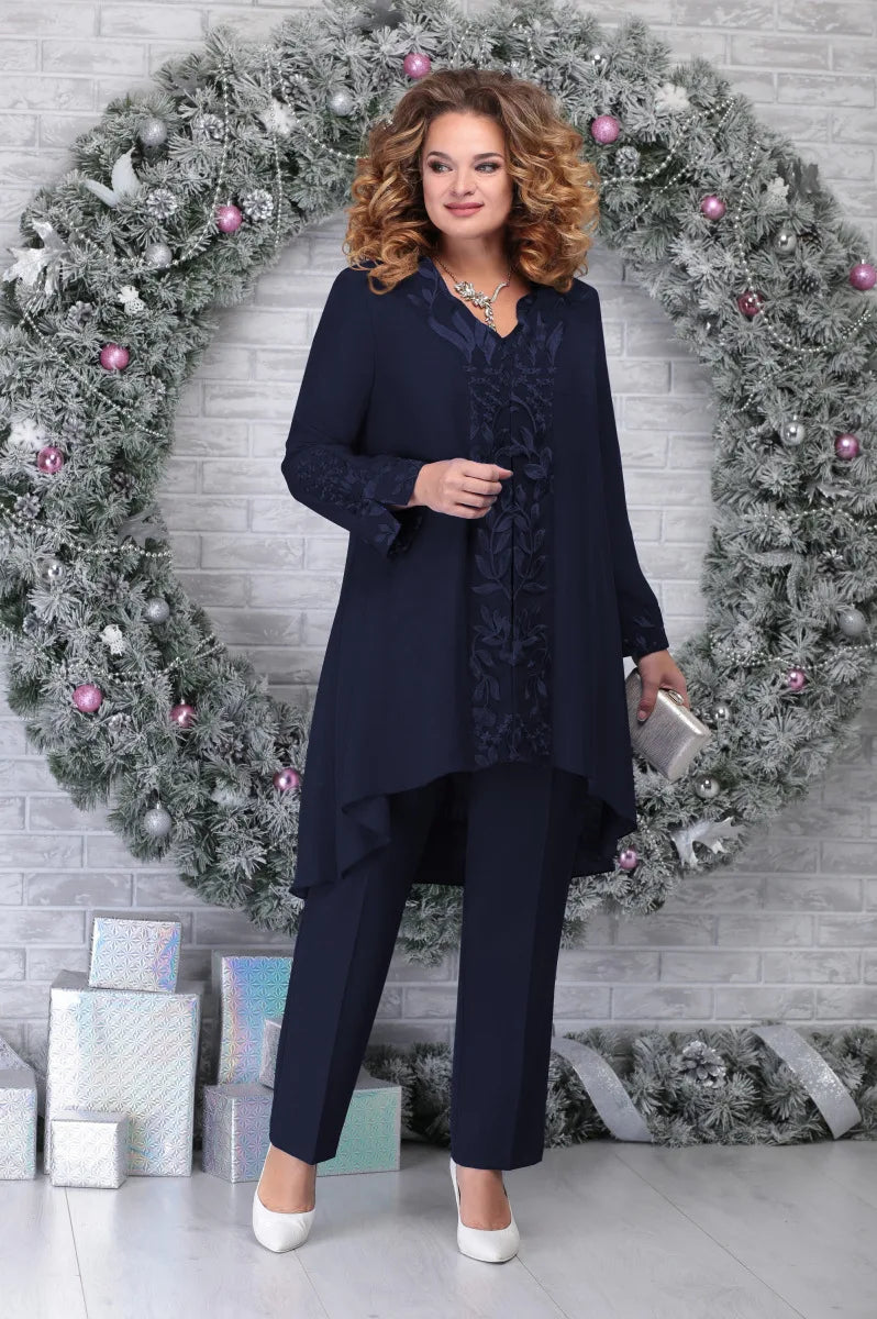 Damen Anzugset – Besticktes Oberteil – Asymmetrischer Saum – Luftige Passform