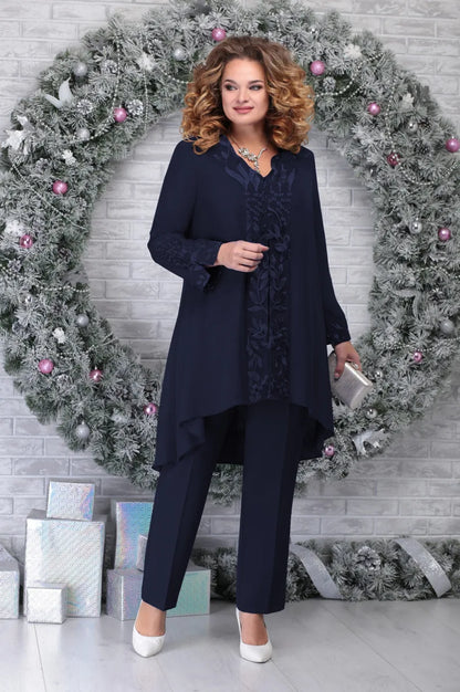 Damen Anzugset – Besticktes Oberteil – Asymmetrischer Saum – Luftige Passform