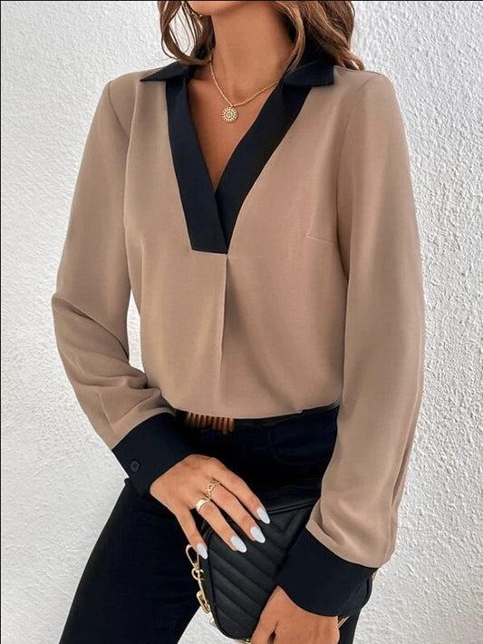 Damen Bluse – V-Ausschnitt mit Kontrastbesatz – Lockere Passform – Langarm Hemdkragen