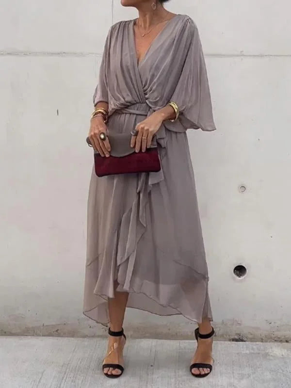Damen Maxikleid – Luftiger Schnitt – Kimonoärmel – Verstellbare Taille – V-Ausschnitt