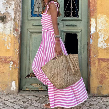 Damen Maxi Kleid – Smock-Oberteil – Bindeträger – Stufenrock – Atmungsaktives Gewebe