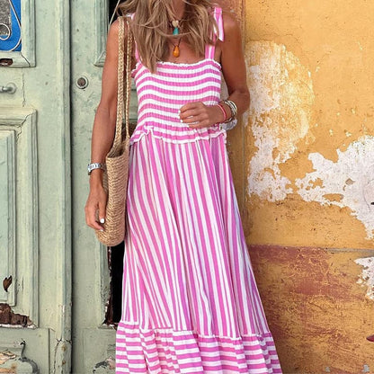 Damen Maxi Kleid – Smock-Oberteil – Bindeträger – Stufenrock – Atmungsaktives Gewebe