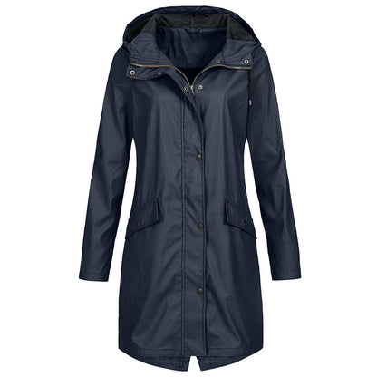 Damen Regenjacke – Wasserdicht – Lange Passform – Mit Kapuze – Reißverschluss & Druckknopf