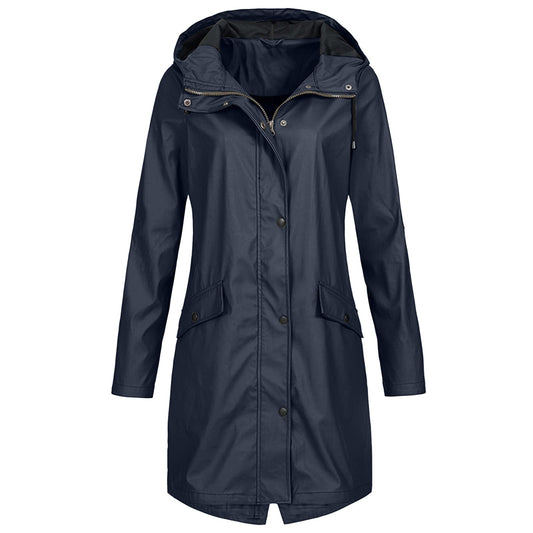 Damen Regenjacke – Wasserdicht – Lange Passform – Mit Kapuze – Reißverschluss & Druckknopf