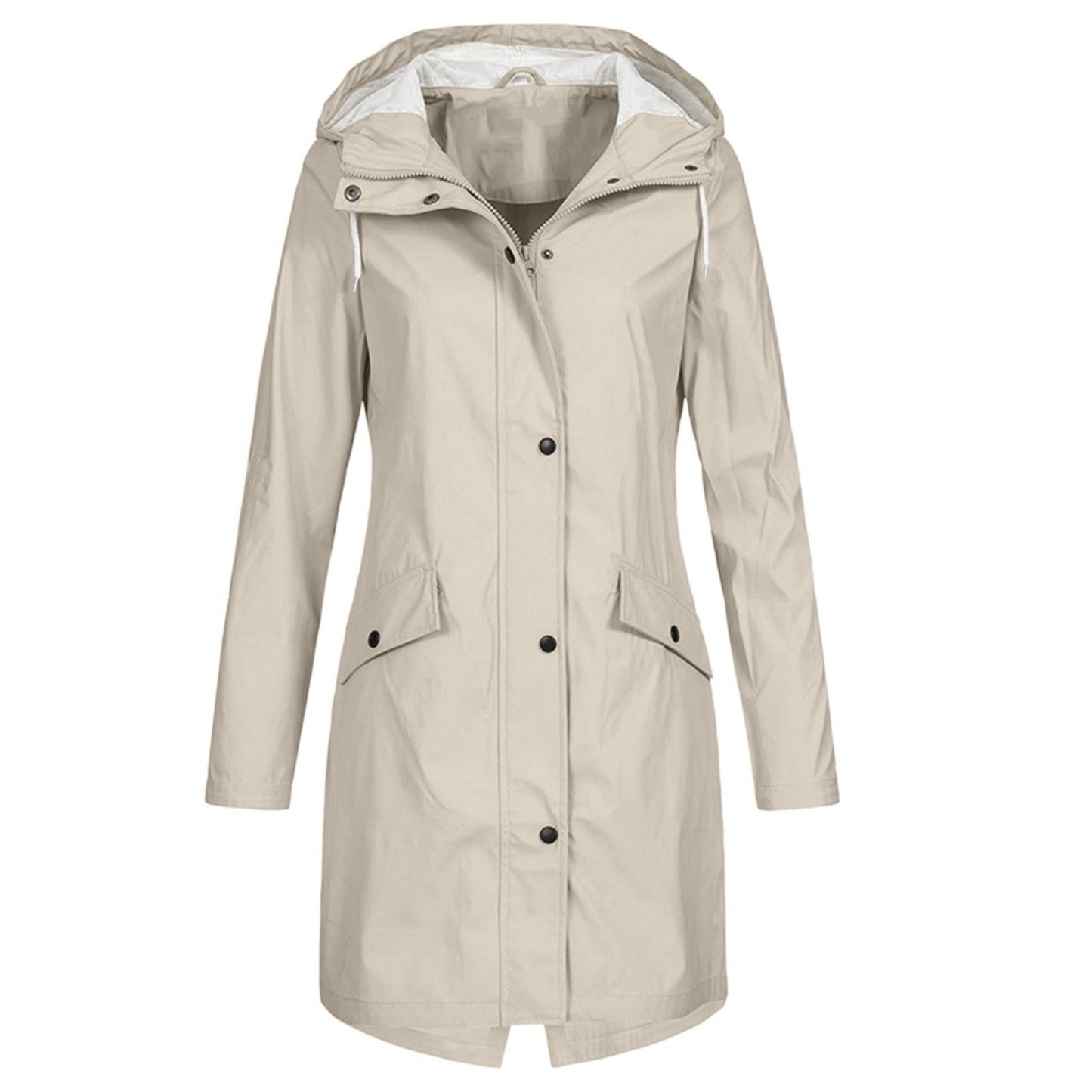 Damen Regenjacke – Wasserdicht – Lange Passform – Mit Kapuze – Reißverschluss & Druckknopf