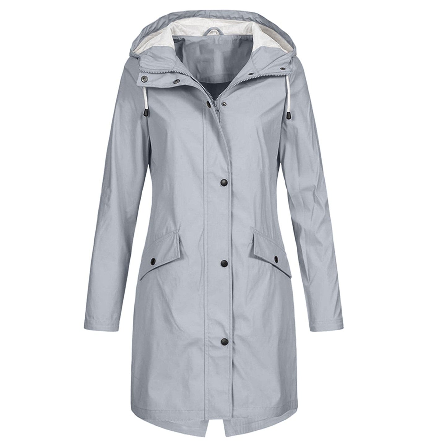 Damen Regenjacke – Wasserdicht – Lange Passform – Mit Kapuze – Reißverschluss & Druckknopf