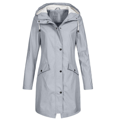 Damen Regenjacke – Wasserdicht – Lange Passform – Mit Kapuze – Reißverschluss & Druckknopf