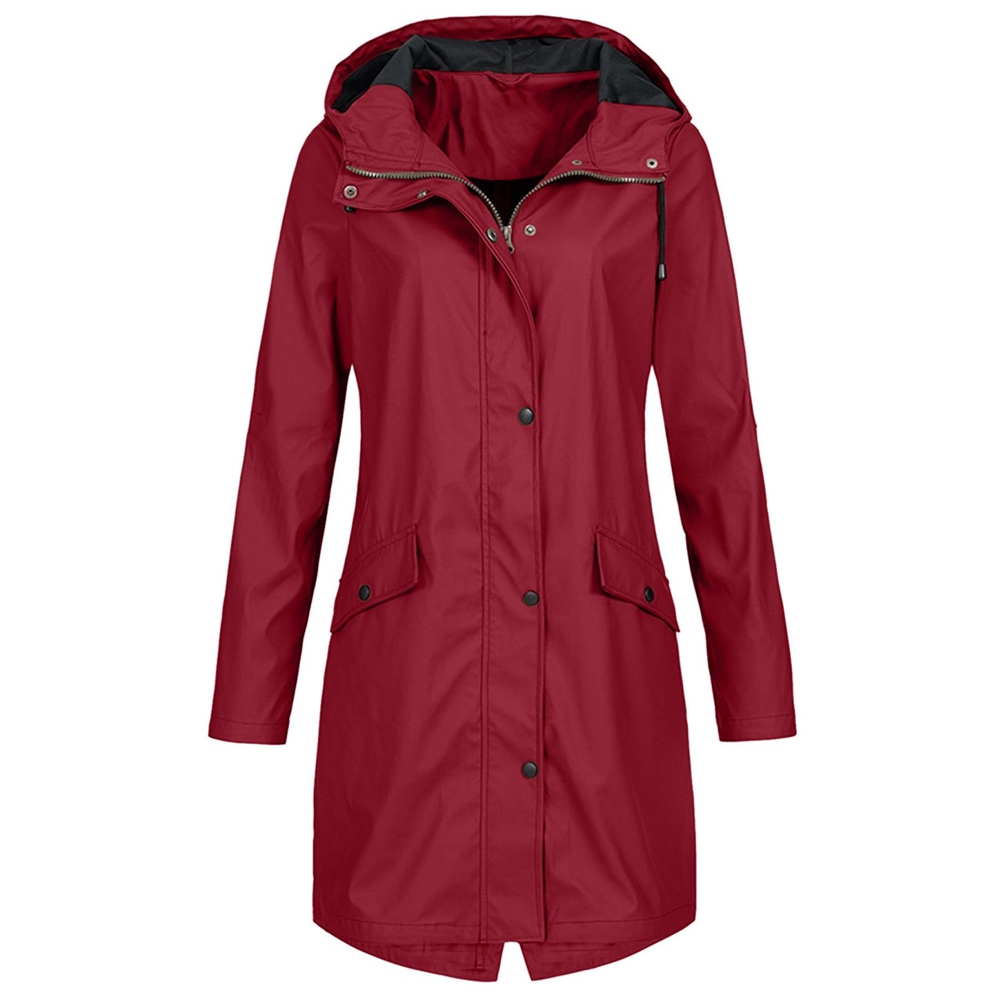Damen Regenjacke – Wasserdicht – Lange Passform – Mit Kapuze – Reißverschluss & Druckknopf