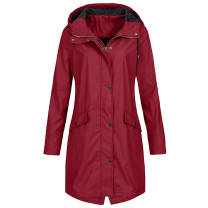 Damen Regenjacke – Wasserdicht – Lange Passform – Mit Kapuze – Reißverschluss & Druckknopf