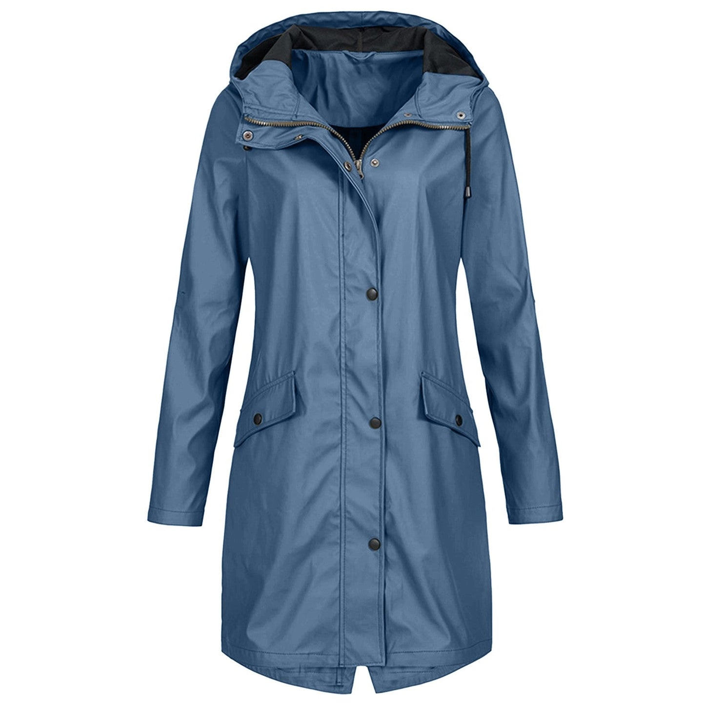 Damen Regenjacke – Wasserdicht – Lange Passform – Mit Kapuze – Reißverschluss & Druckknopf