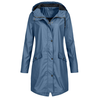 Damen Regenjacke – Wasserdicht – Lange Passform – Mit Kapuze – Reißverschluss & Druckknopf