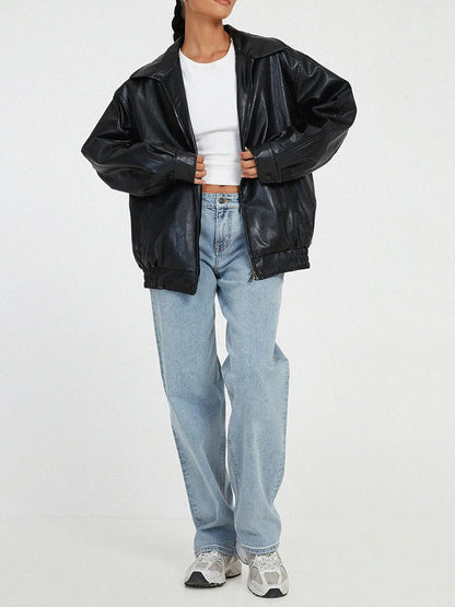 Damen Bomberjacke – Oversize Passform – Glänzendes Finish – Elastische Bündchen