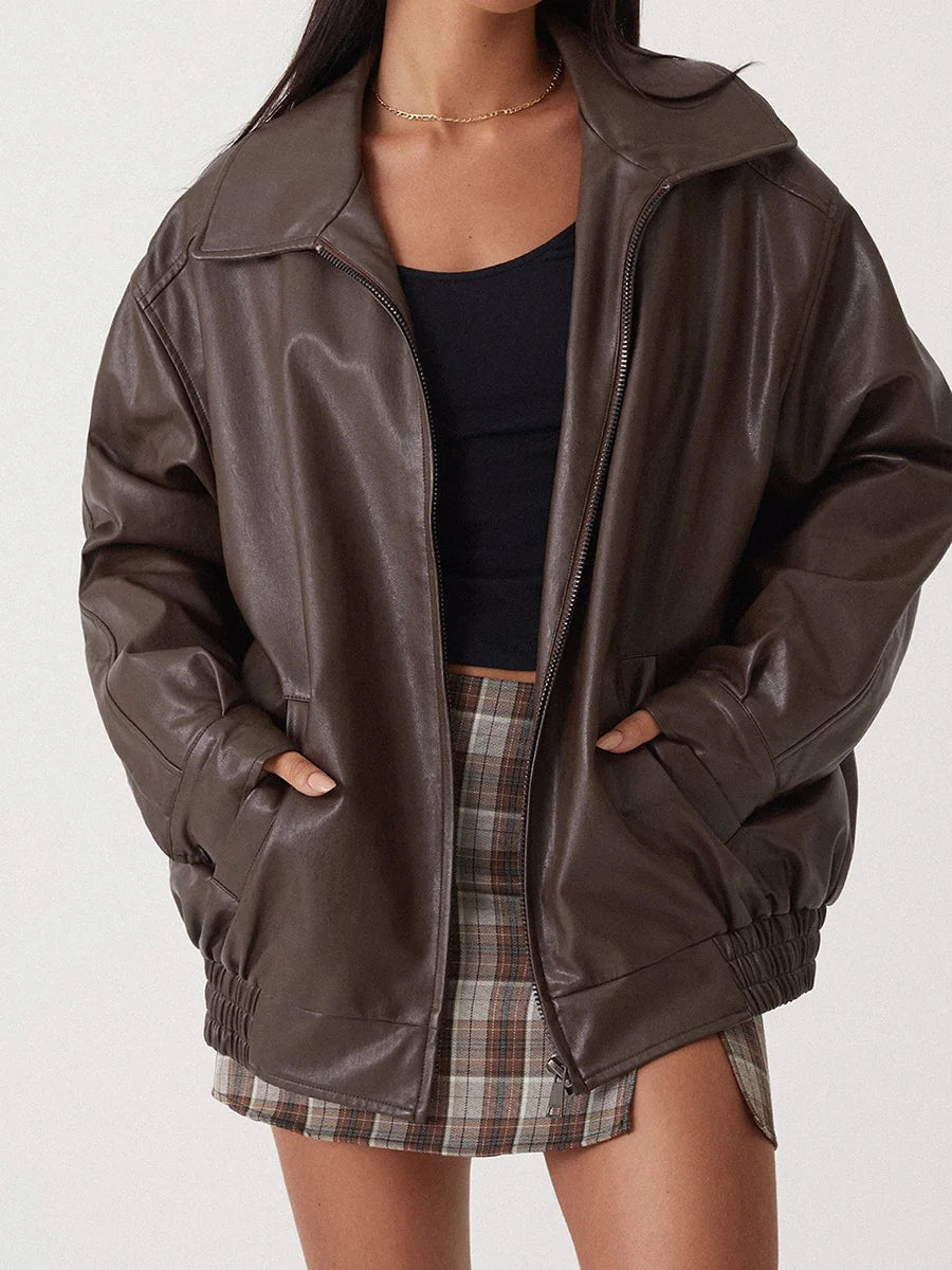 Damen Bomberjacke – Oversize Passform – Glänzendes Finish – Elastische Bündchen