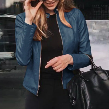 Damen Kunstlederjacke – Schlanke Passform – Kurz geschnitten – Reißverschluss – Stehkragen