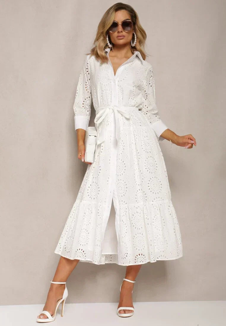 Damen Midikleid – Broderie Anglaise – Lockere Passform – Gürtel – Knopfleiste