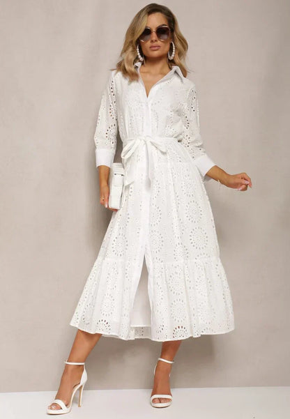Damen Midikleid – Broderie Anglaise – Lockere Passform – Gürtel – Knopfleiste