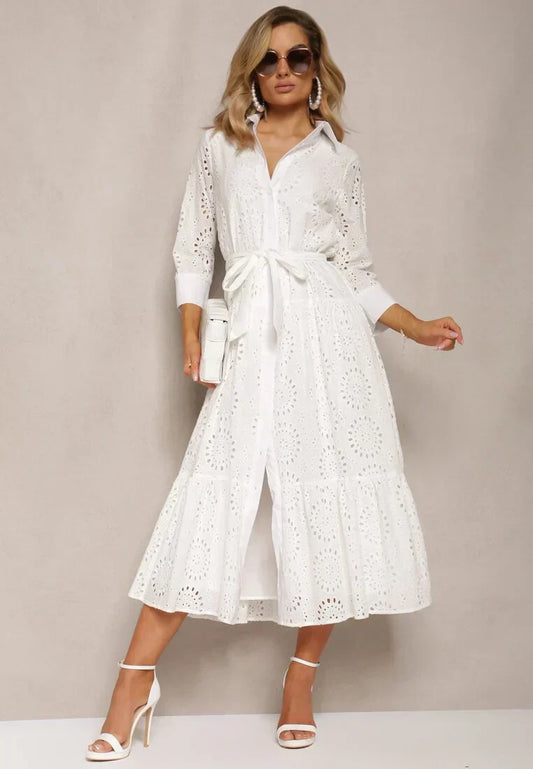 Damen Midikleid – Broderie Anglaise – Lockere Passform – Gürtel – Knopfleiste