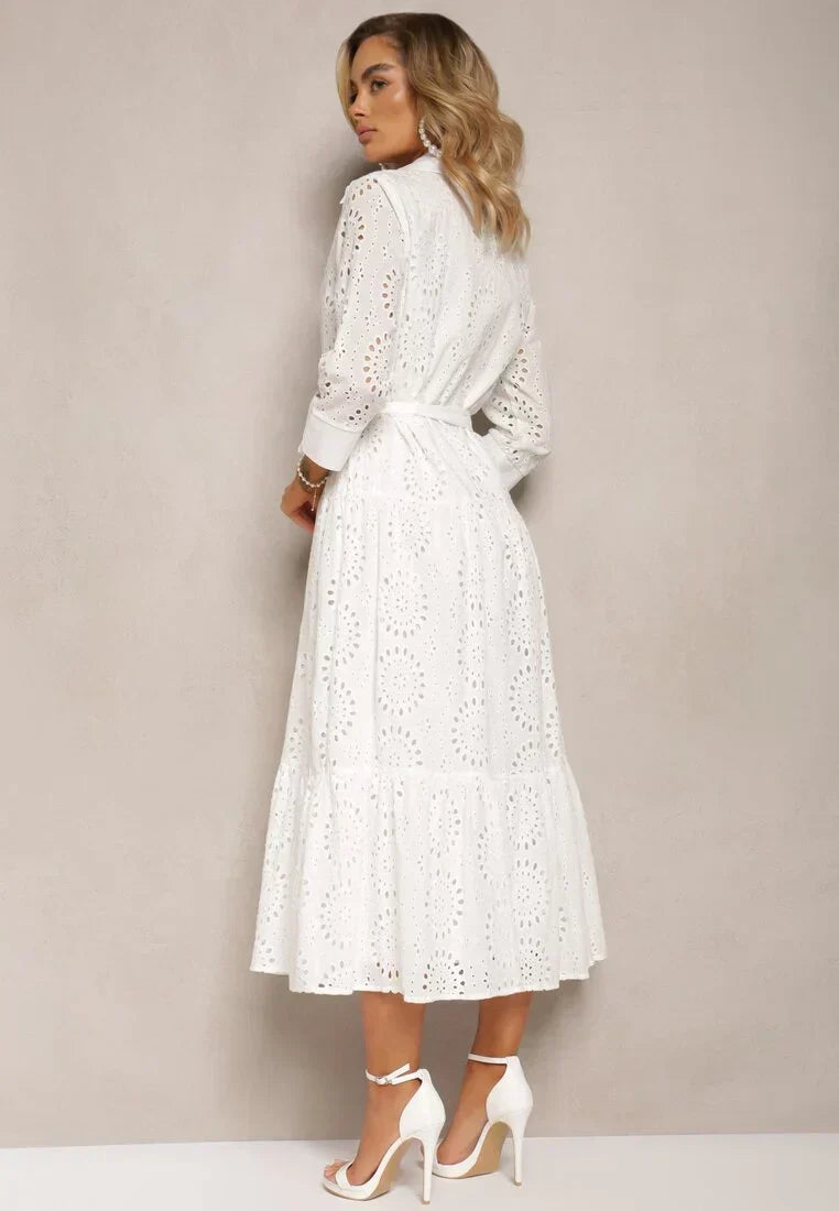 Damen Midikleid – Broderie Anglaise – Lockere Passform – Gürtel – Knopfleiste