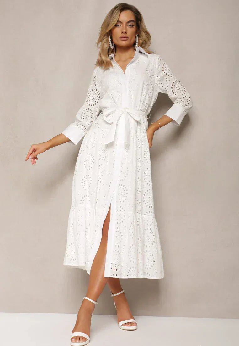 Damen Midikleid – Broderie Anglaise – Lockere Passform – Gürtel – Knopfleiste