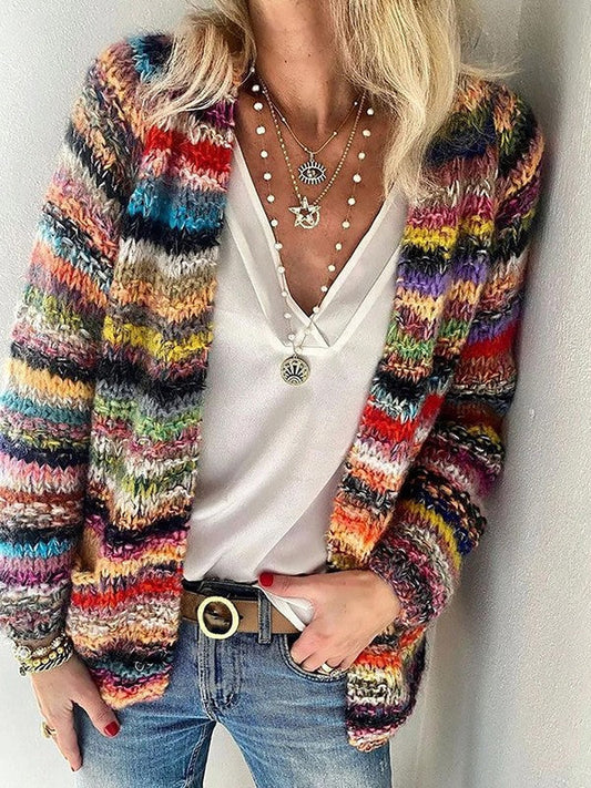 Damen Strickcardigan – Relaxed Fit – Weiches Grobstrick – Offen – Gestreift Freizeit