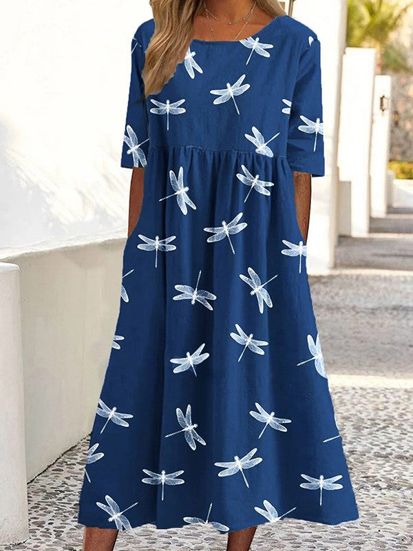 Damen Midikleid – A-Linie – Libellenprint – Kurzarm – Atmungsaktives Material