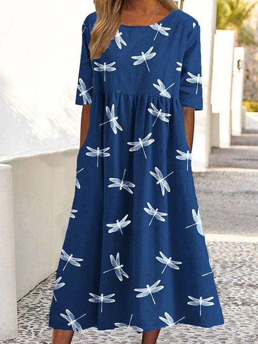 Damen Midikleid – A-Linie – Libellenprint – Kurzarm – Atmungsaktives Material