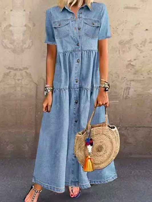 Damen Maxikleid Hemdblusenstil – Lockere Passform – Kurzarm – Knopfleiste – Utility-Look
