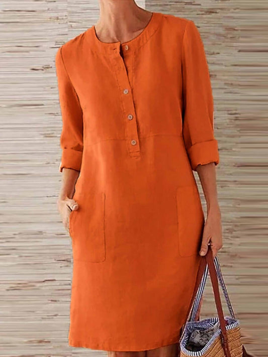 Damen Freizeitkleid – Natürliche Fasern – Lockere Passform – Langarm – Knopfleiste