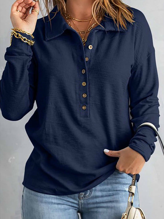 Damen Bluse – Lockerer Schnitt – Soft Knit – Langarm – Knopfleiste – Casual Look