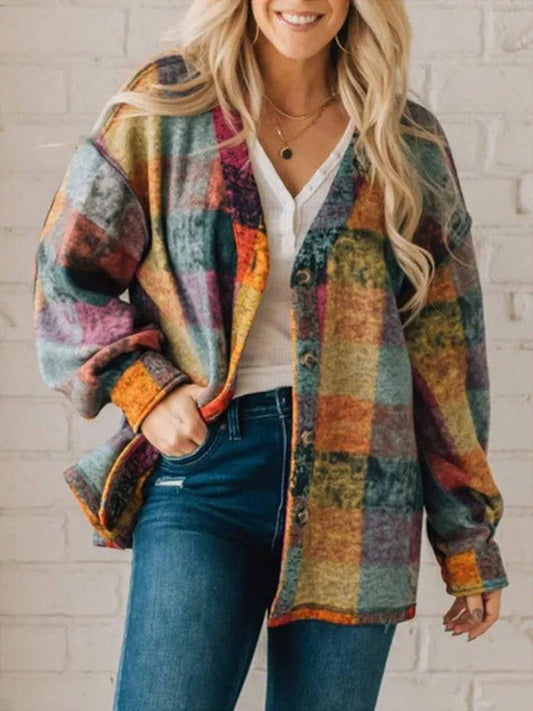 Damen Fleece Mantel – Oversized Passform – Kariert – Knopfleiste – Rippbündchen