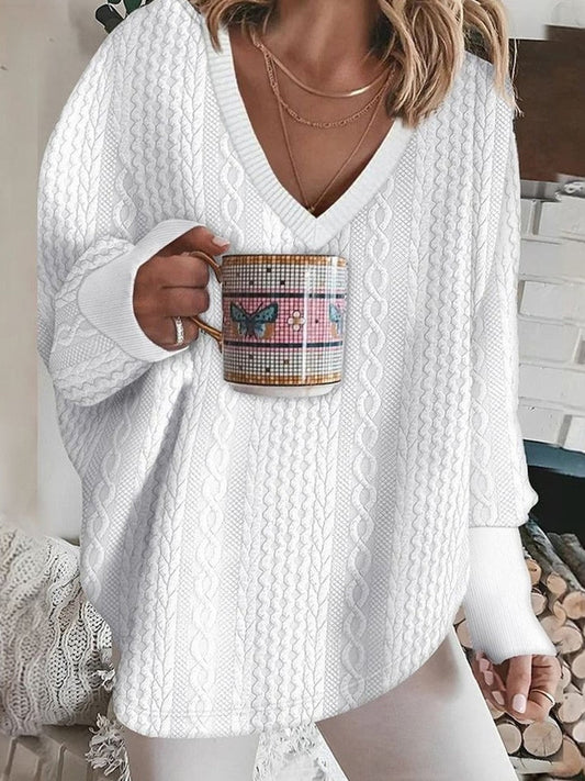 Damen Strickpullover – Oversized Passform – V-Ausschnitt – Zopfmuster – Weiches Gewebe