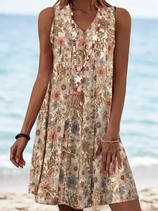 Damen Kleid Kurz – A-Linie – V-Ausschnitt – Ärmellos – Blumenmuster – Atmungsaktives Material