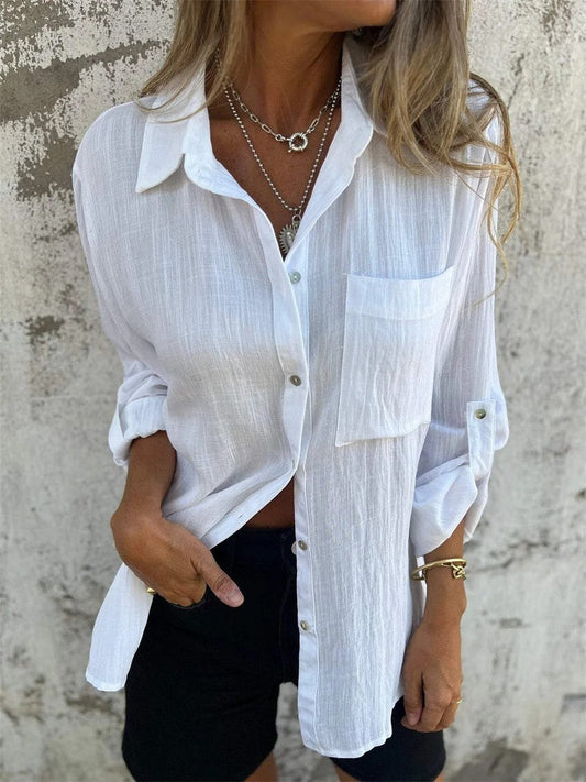 Damen Langarmshirt – Relaxed Fit – Atmungsaktive Naturfasern – Knopfleiste – Reverskragen