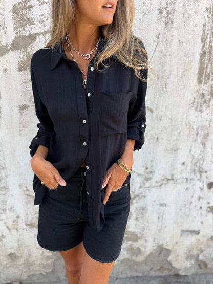 Damen Langarmshirt – Relaxed Fit – Atmungsaktive Naturfasern – Knopfleiste – Reverskragen