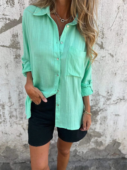 Damen Langarmshirt – Relaxed Fit – Atmungsaktive Naturfasern – Knopfleiste – Reverskragen