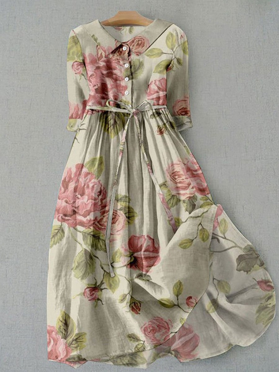 Damen Midi Kleid – Vintage Blumenmuster – Tailliert – 3/4 Ärmel – Atmungsaktive Faser