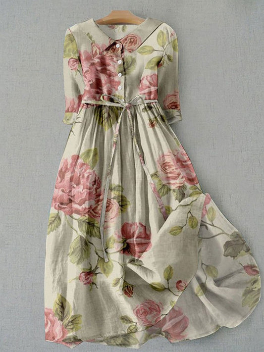 Damen Midi Kleid – Vintage Blumenmuster – Tailliert – 3/4 Ärmel – Atmungsaktive Faser