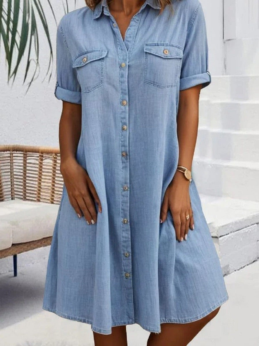 Damen Kurzkleid – Relaxed Fit – Hemdkragen – Knopfleiste – Atmungsaktive Mischung