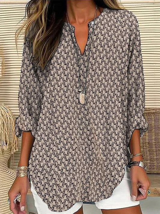 Damen Bluse – Lockerer Schnitt – V-Ausschnitt – Langarm – Geometrisches Muster – Atmungsaktive Mischung