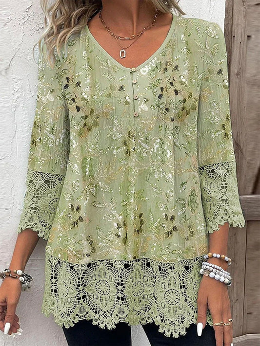 Damen Bluse – Lockerer Schnitt – Spitze – V-Ausschnitt – 3/4 Ärmel – Florales Muster