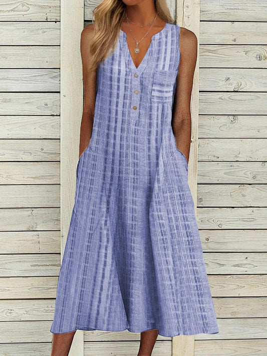 Damen Midikleid – Ärmellos – Atmungsaktive Qualität – V-Ausschnitt – Knopfleiste – Lockere Passform – Seitentaschen