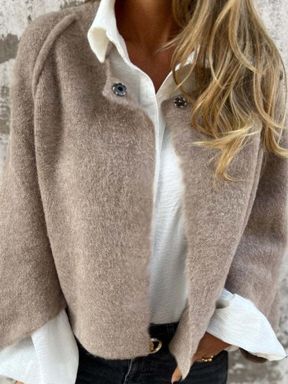 Damen Wollmantel – Lockerer Schnitt – Weiches Material – Rundhals – Knopfleiste