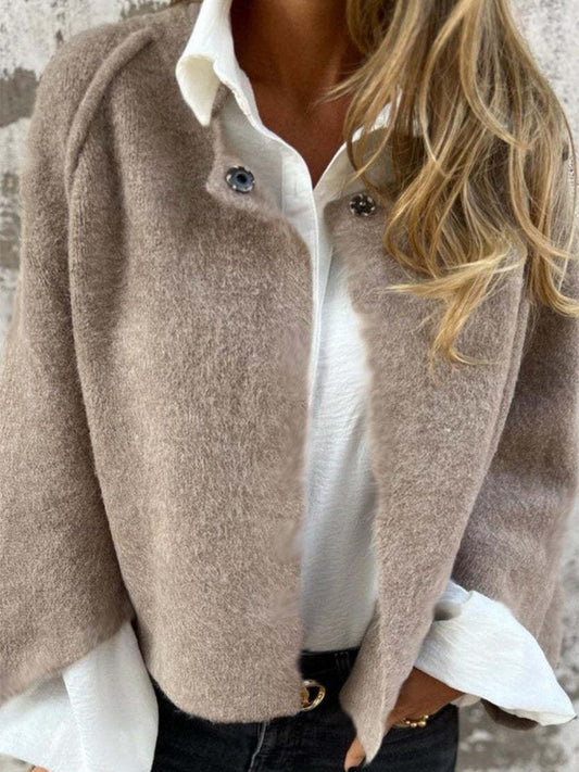 Damen Wollmantel – Lockerer Schnitt – Weiches Material – Rundhals – Knopfleiste