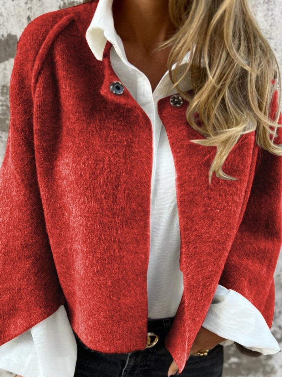 Damen Wollmantel – Lockerer Schnitt – Weiches Material – Rundhals – Knopfleiste