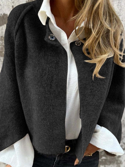 Damen Wollmantel – Lockerer Schnitt – Weiches Material – Rundhals – Knopfleiste