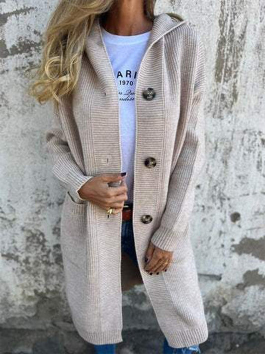 Damen Strickjacke – Weicher Strick – Lockerer Schnitt – Kapuze – Knopfleiste – Gerippt